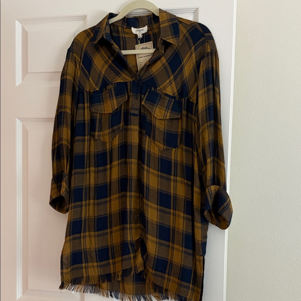 Umgee Navy and Mustard Plaid Shirt